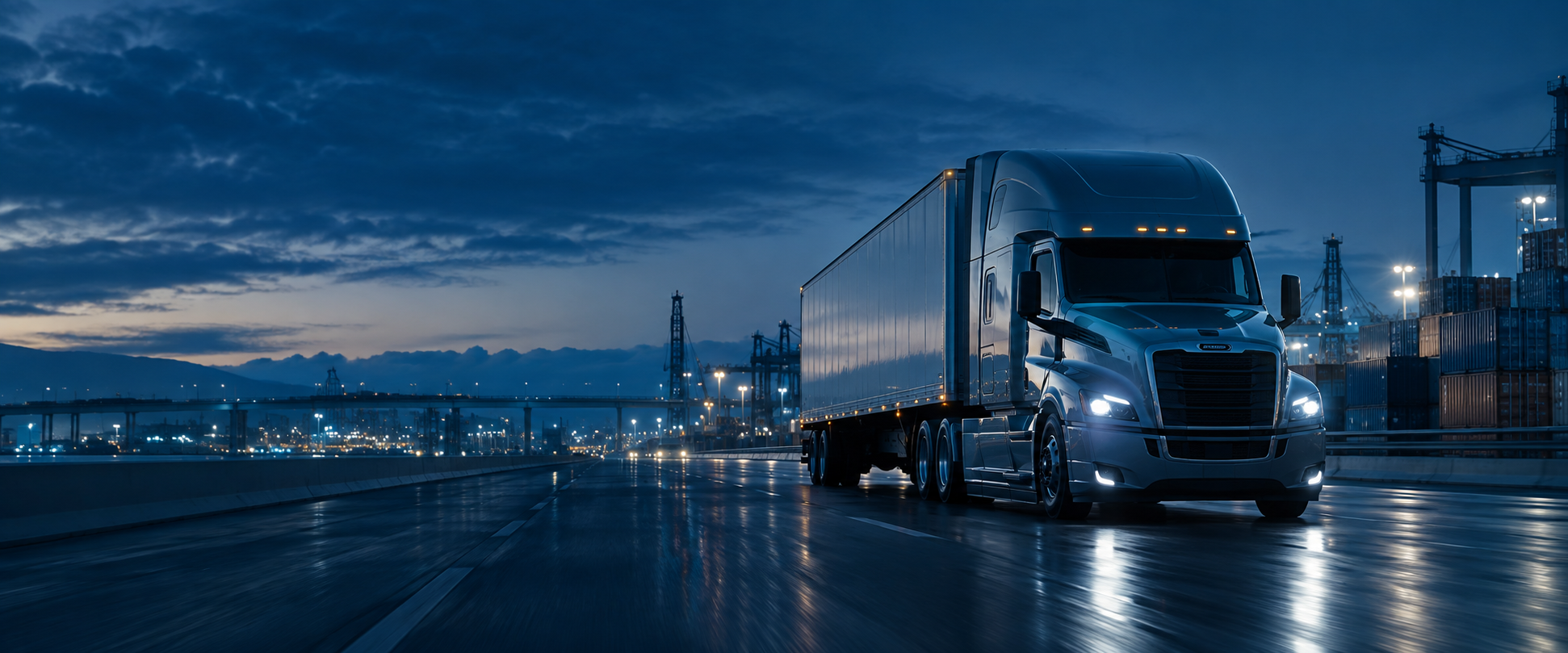 A modern tractor-trailer moving through a logistics corridor at blue hour